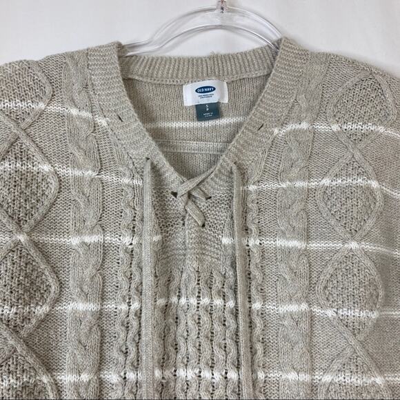 3/$30 Old Navy | Tan White Stripe Lace Up Sweater S - Picture 4 of 7